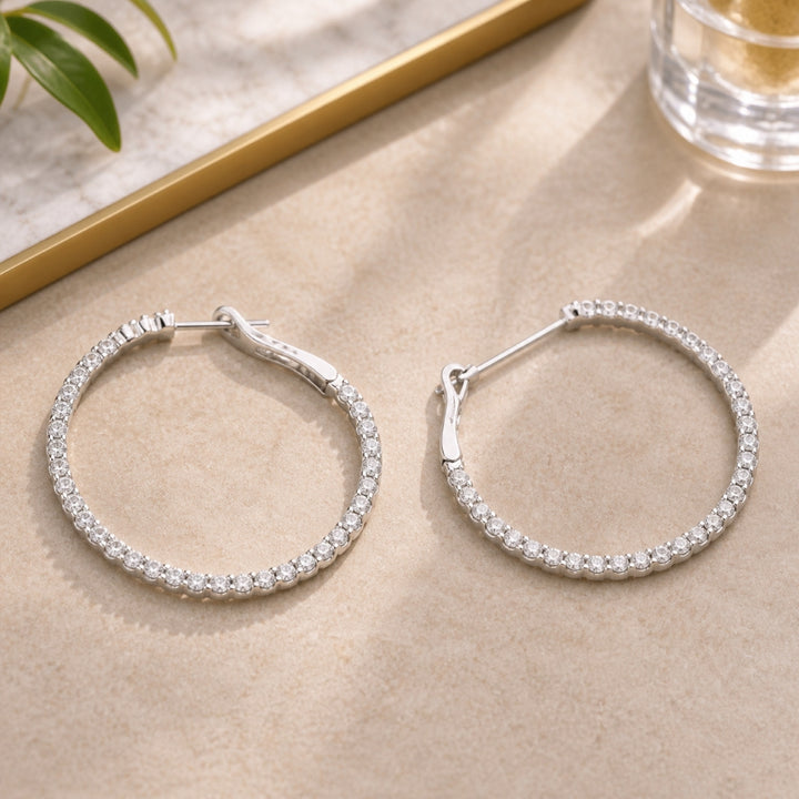 E1734 - 14K White Gold Diamond In & Out Hoop Earrings