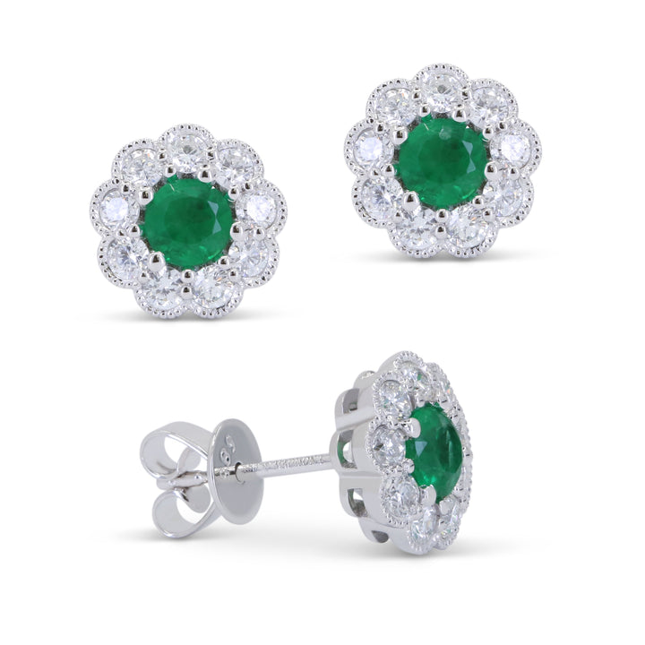 Beautiful Hand Crafted 14K White Gold 4MM Emerald And Diamond Arianna Collection Stud Earrings With A Push Back Closure