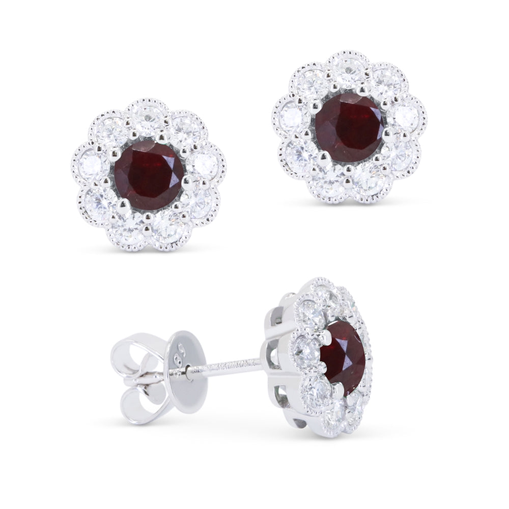 Beautiful Hand Crafted 14K White Gold 4MM Ruby And Diamond Arianna Collection Stud Earrings With A Push Back Closure