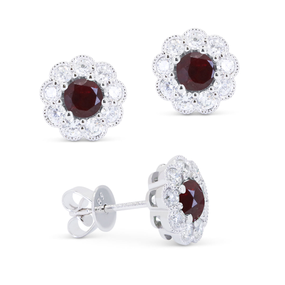 Beautiful Hand Crafted 14K White Gold 4MM Ruby And Diamond Arianna Collection Stud Earrings With A Push Back Closure