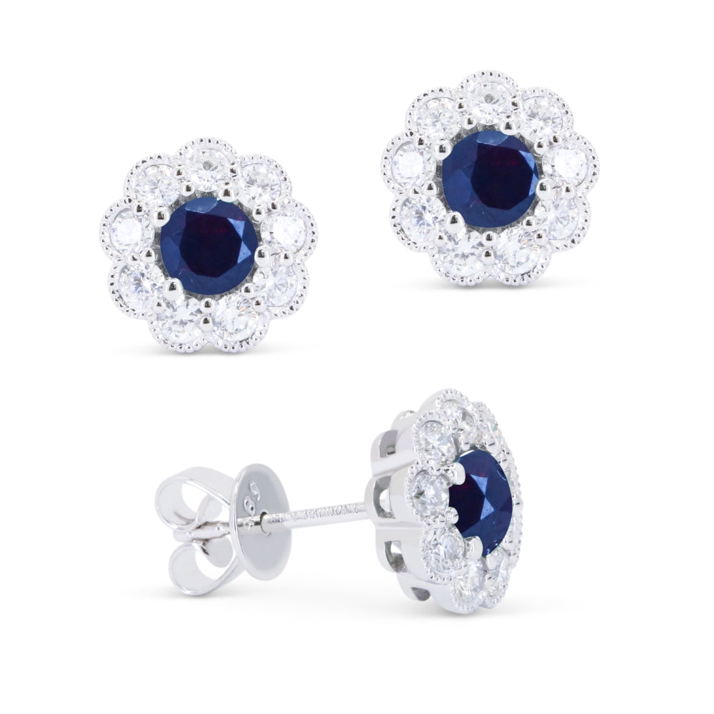 Beautiful Hand Crafted 14K White Gold 4MM Sapphire And Diamond Arianna Collection Stud Earrings With A Push Back Closure