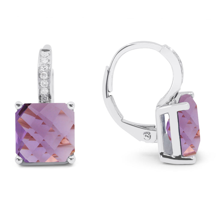 Beautiful Hand Crafted 14K White Gold 8MM Amethyst And Diamond Eclectica Collection Drop Dangle Earrings With A Lever Back Closure