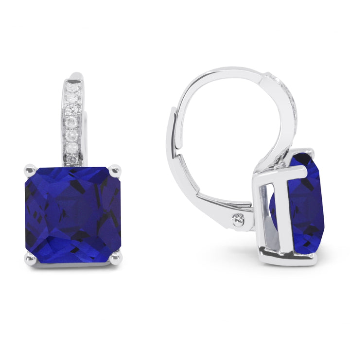 Beautiful Hand Crafted 14K White Gold 8MM Created Sapphire And Diamond Eclectica Collection Drop Dangle Earrings With A Lever Back Closure
