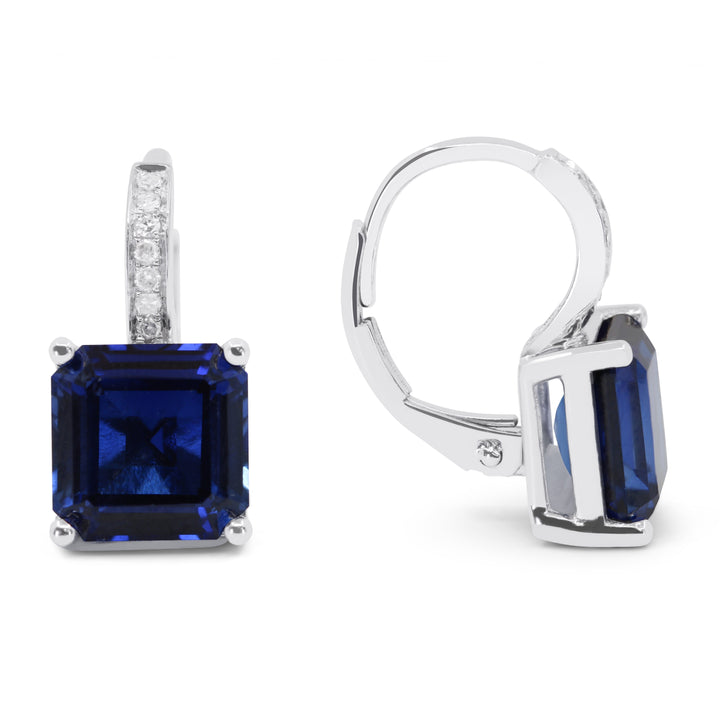 Beautiful Hand Crafted 14K White Gold 8MM Created Sapphire And Diamond Eclectica Collection Drop Dangle Earrings With A Lever Back Closure