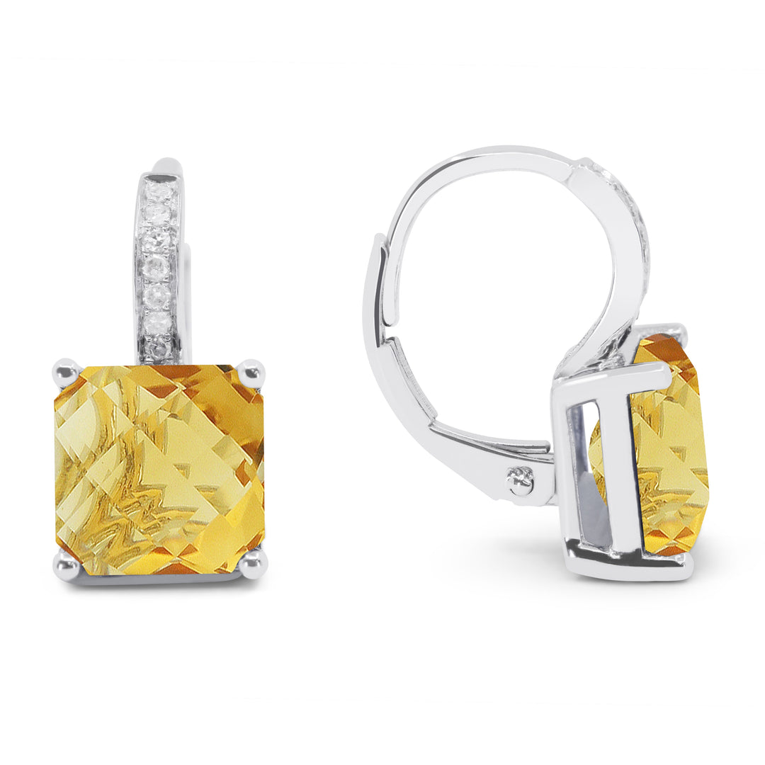 Beautiful Hand Crafted 14K White Gold 8MM Citrine And Diamond Eclectica Collection Drop Dangle Earrings With A Lever Back Closure