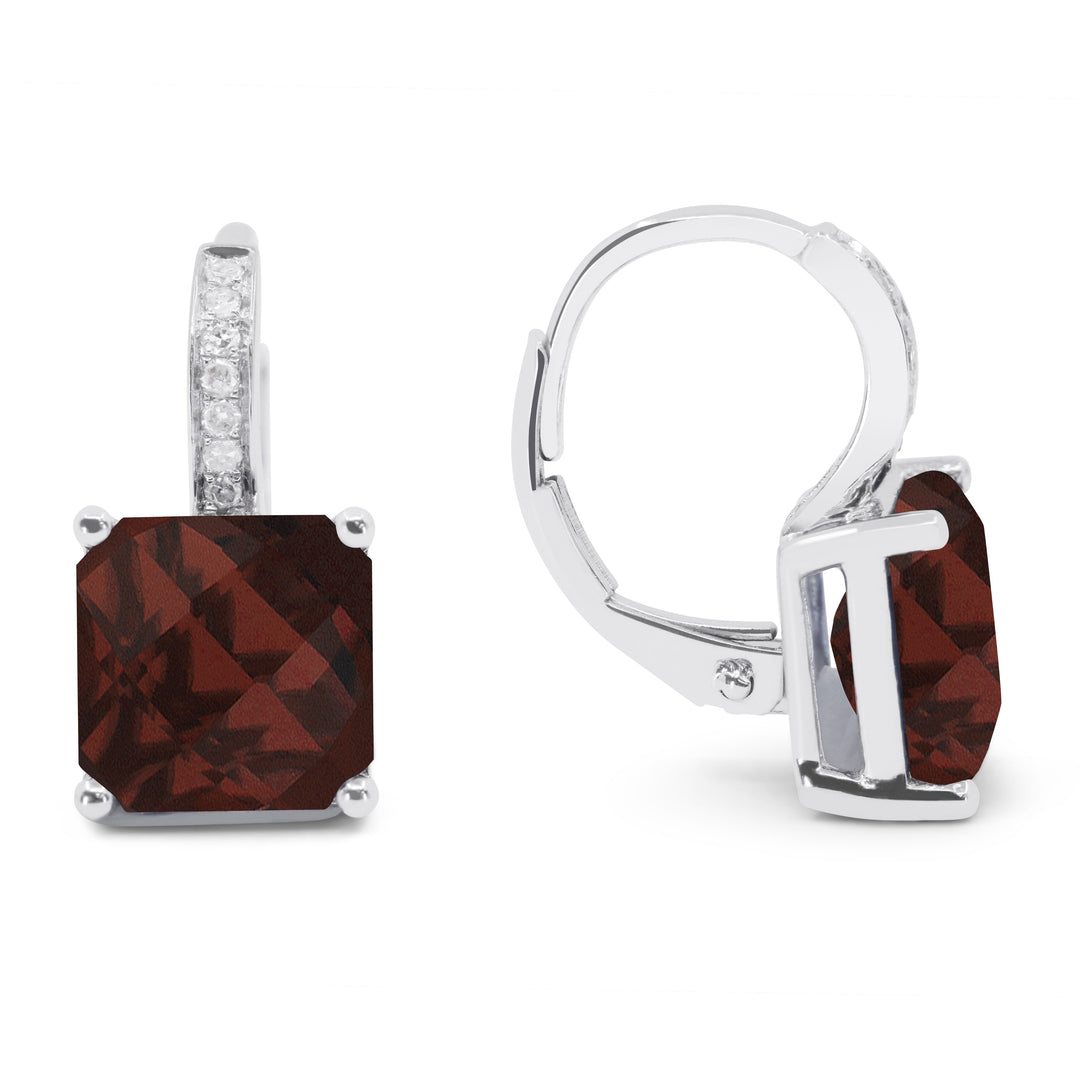 Beautiful Hand Crafted 14K White Gold 8MM Garnet And Diamond Eclectica Collection Drop Dangle Earrings With A Lever Back Closure