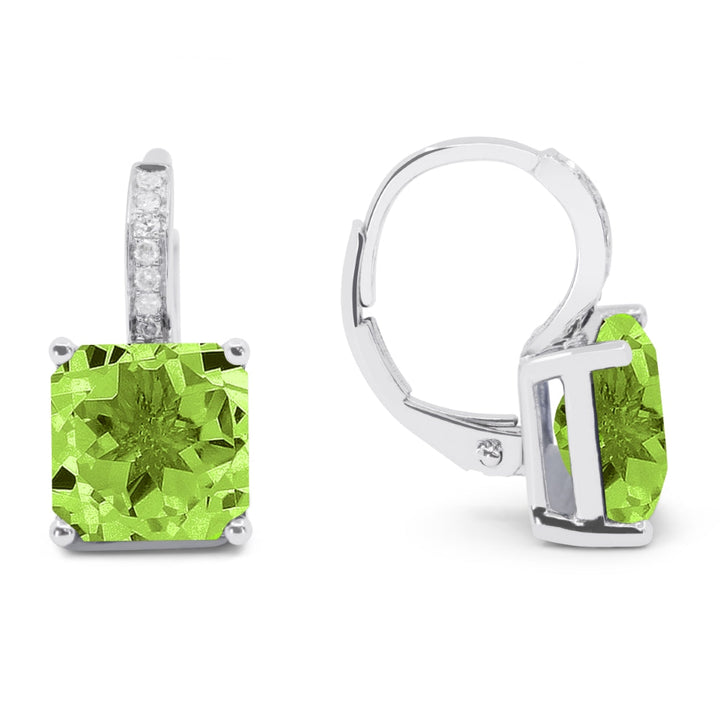 Beautiful Hand Crafted 14K White Gold 8MM Peridot And Diamond Eclectica Collection Drop Dangle Earrings With A Lever Back Closure