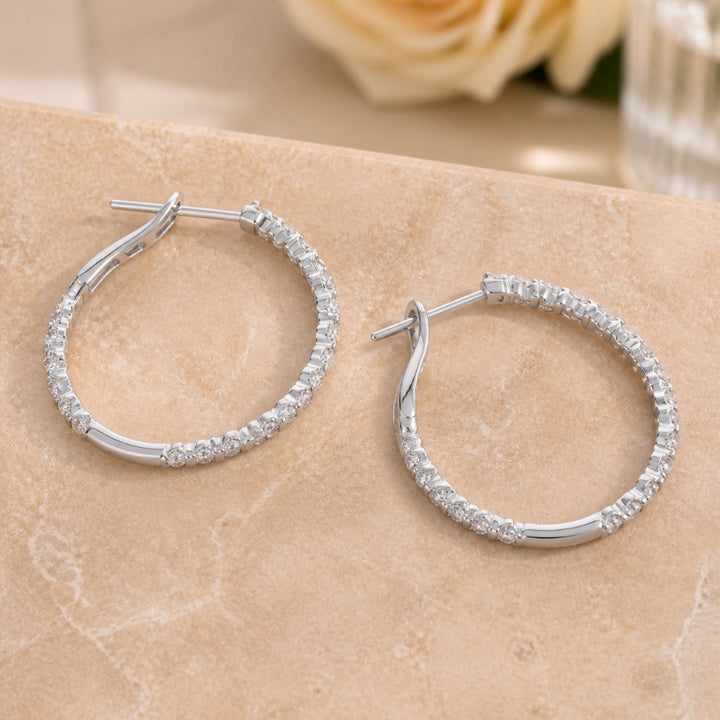 E1739 - 14K Gold Diamond In & Out Hoop Earrings