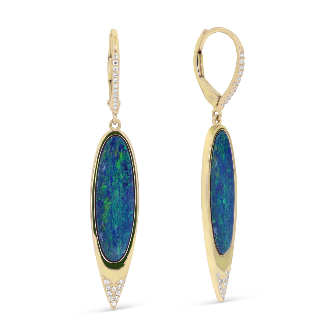 Beautiful Hand Crafted 14K Yellow Gold 6X20MM Boulder Opal And Diamond Essentials Collection Drop Dangle Earrings With A Lever Back Closure