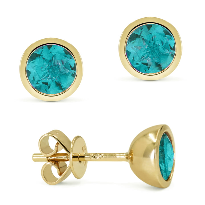 Beautiful Hand Crafted 14K Yellow Gold 5MM Created Tourmaline Paraiba And Diamond Essentials Collection Stud Earrings With A Push Back Closure