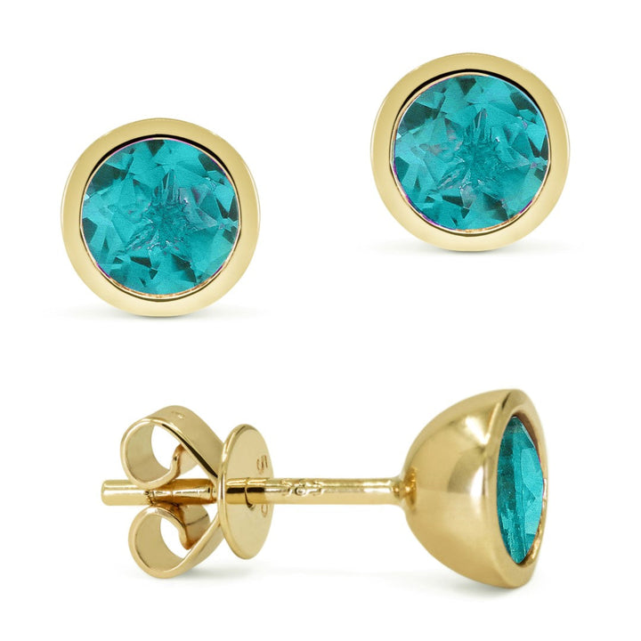 Beautiful Hand Crafted 14K Yellow Gold 5MM Created Tourmaline Paraiba And Diamond Essentials Collection Stud Earrings With A Push Back Closure