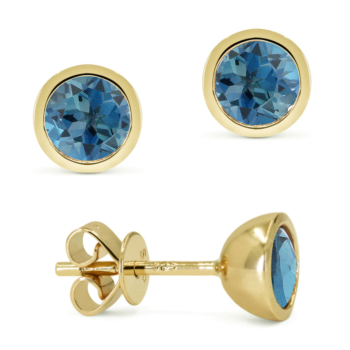 Beautiful Hand Crafted 14K Yellow Gold 5MM London Blue Topaz And Diamond Essentials Collection Stud Earrings With A Push Back Closure