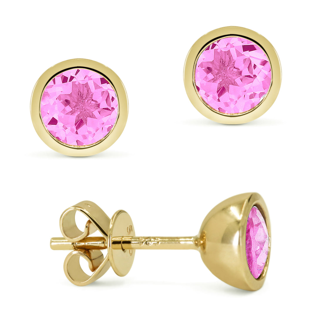 Beautiful Hand Crafted 14K Yellow Gold 5MM Created Pink Sapphire And Diamond Essentials Collection Stud Earrings With A Push Back Closure