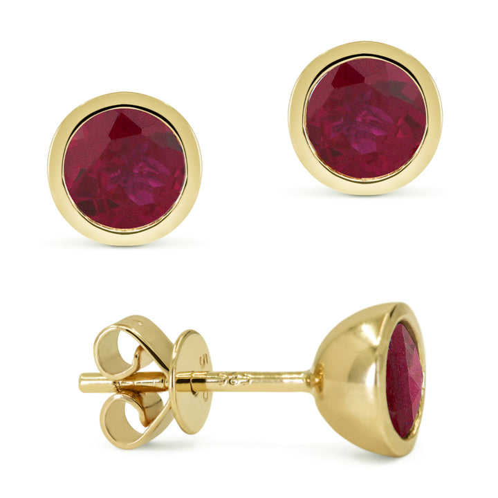 Beautiful Hand Crafted 14K Yellow Gold 5MM Created Ruby And Diamond Essentials Collection Stud Earrings With A Push Back Closure