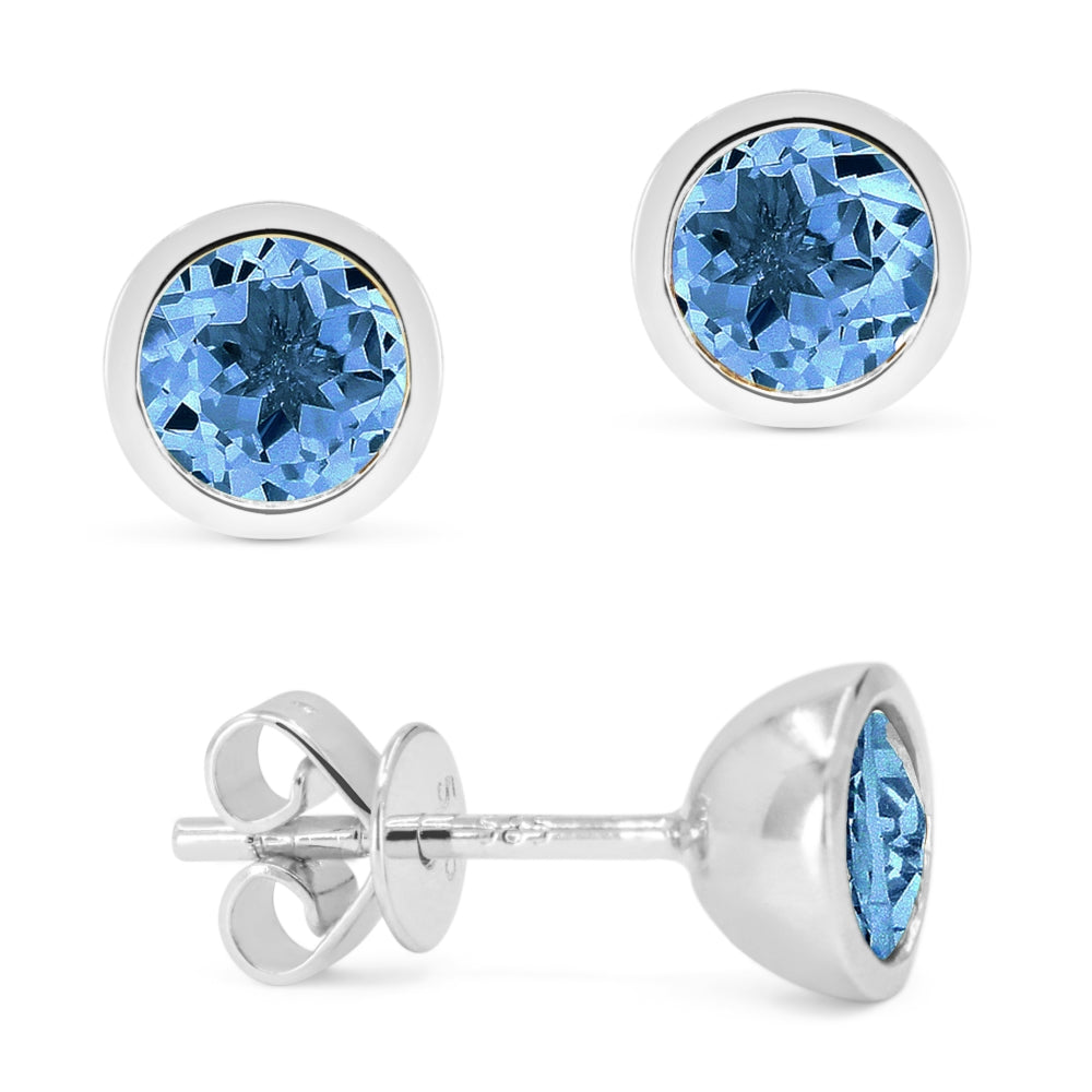 Beautiful Hand Crafted 14K White Gold 5MM Swiss Blue Topaz And Diamond Essentials Collection Stud Earrings