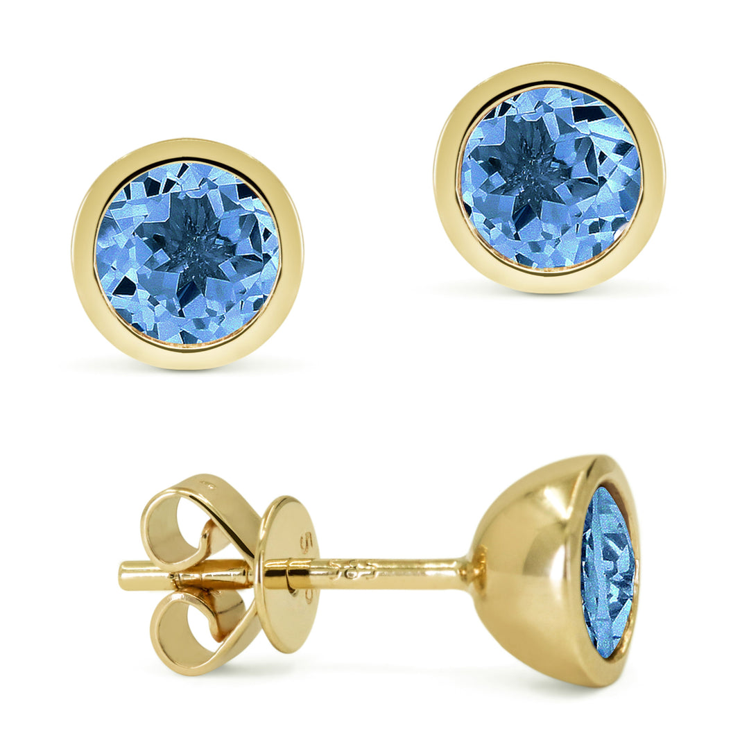 Beautiful Hand Crafted 14K Yellow Gold 5MM Swiss Blue Topaz And Diamond Essentials Collection Stud Earrings With A Push Back Closure