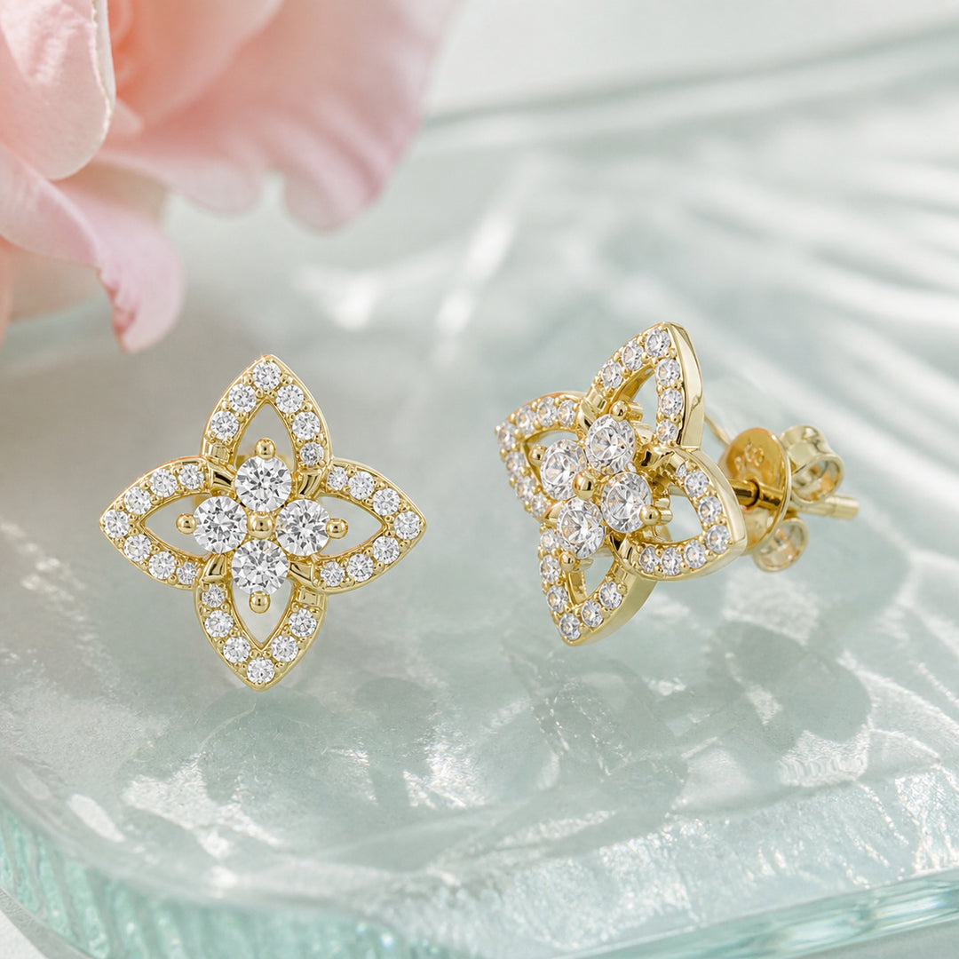 E1742 - 14K Gold Diamond Flower Stud Earrings