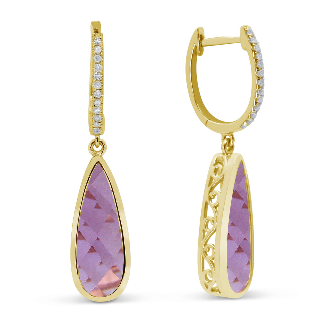 Beautiful Hand Crafted 14K Yellow Gold 5X15MM Amethyst And Diamond Essentials Collection Drop Dangle Earrings With A Lever Back Closure