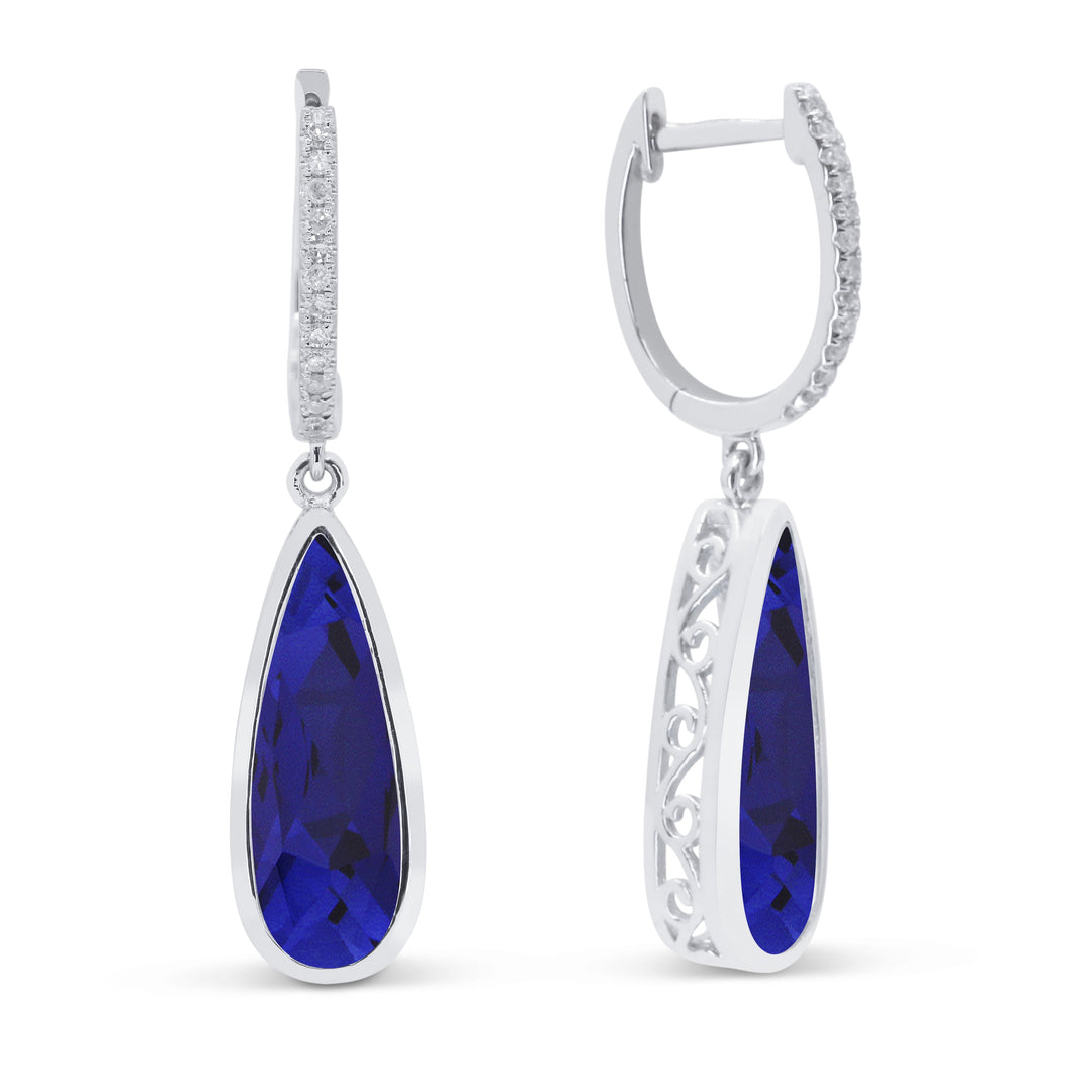 Beautiful Hand Crafted 14K White Gold 5X15MM Created Sapphire And Diamond Essentials Collection Drop Dangle Earrings With A Lever Back Closure