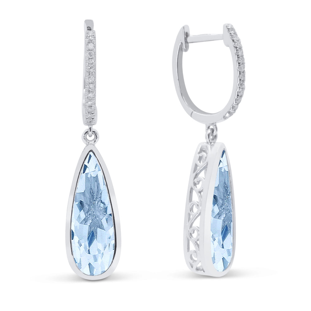 Beautiful Hand Crafted 14K White Gold 5X15MM Blue Topaz And Diamond Essentials Collection Drop Dangle Earrings With A Lever Back Closure