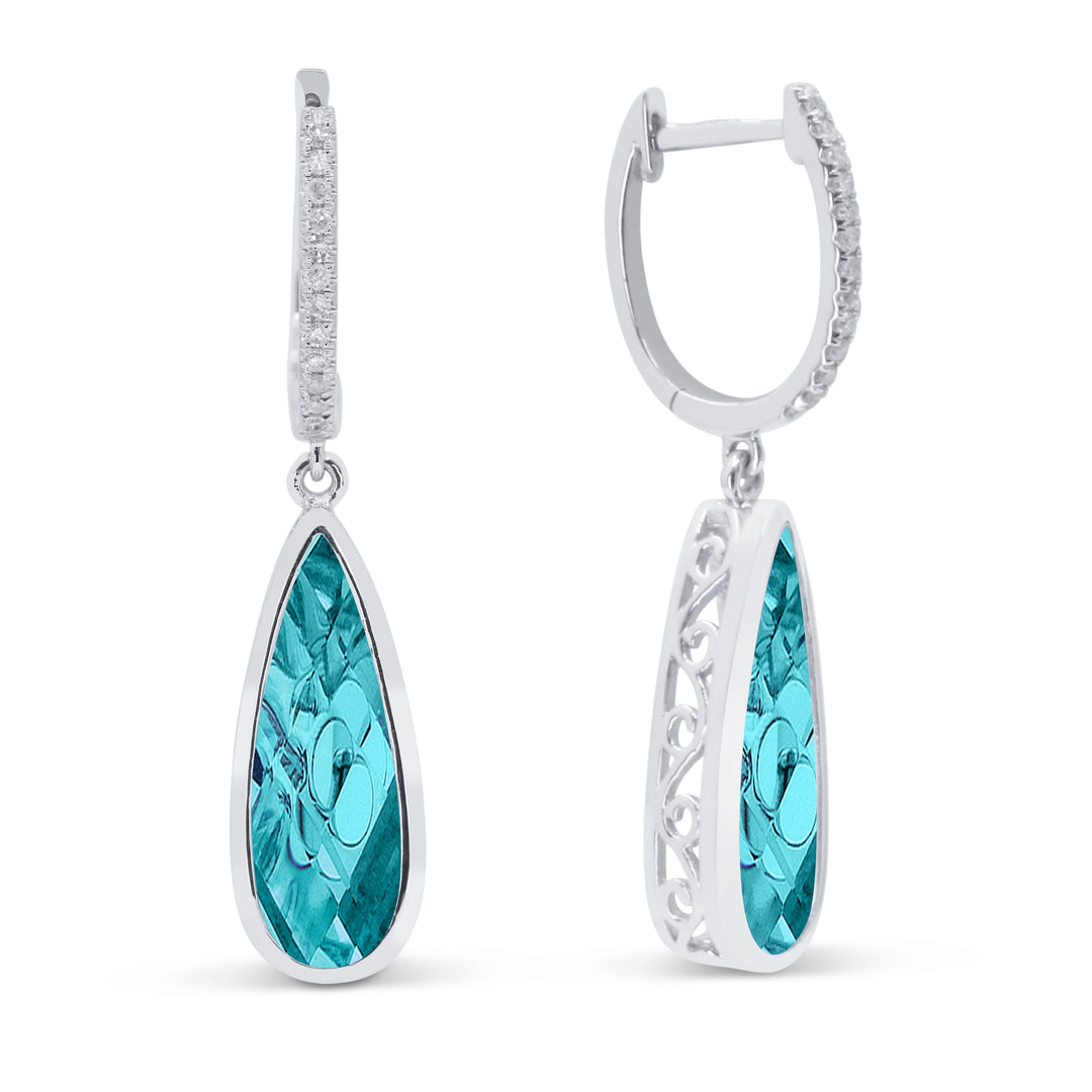 Beautiful Hand Crafted 14K White Gold 5X15MM Created Tourmaline Paraiba And Diamond Essentials Collection Drop Dangle Earrings With A Lever Back Closure