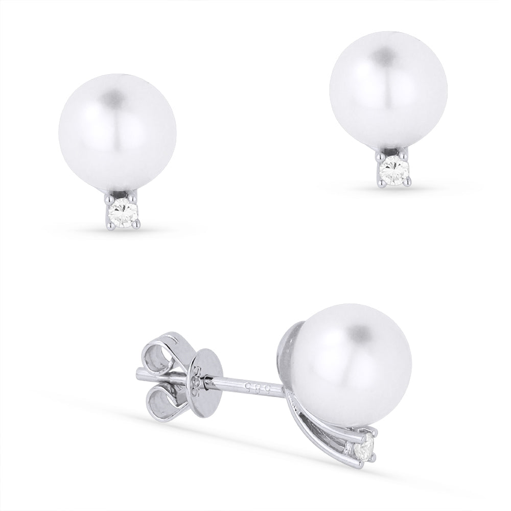 Beautiful Hand Crafted 14K White Gold 8MM Pearl And Diamond Essentials Collection Stud Earrings With A retail-facing