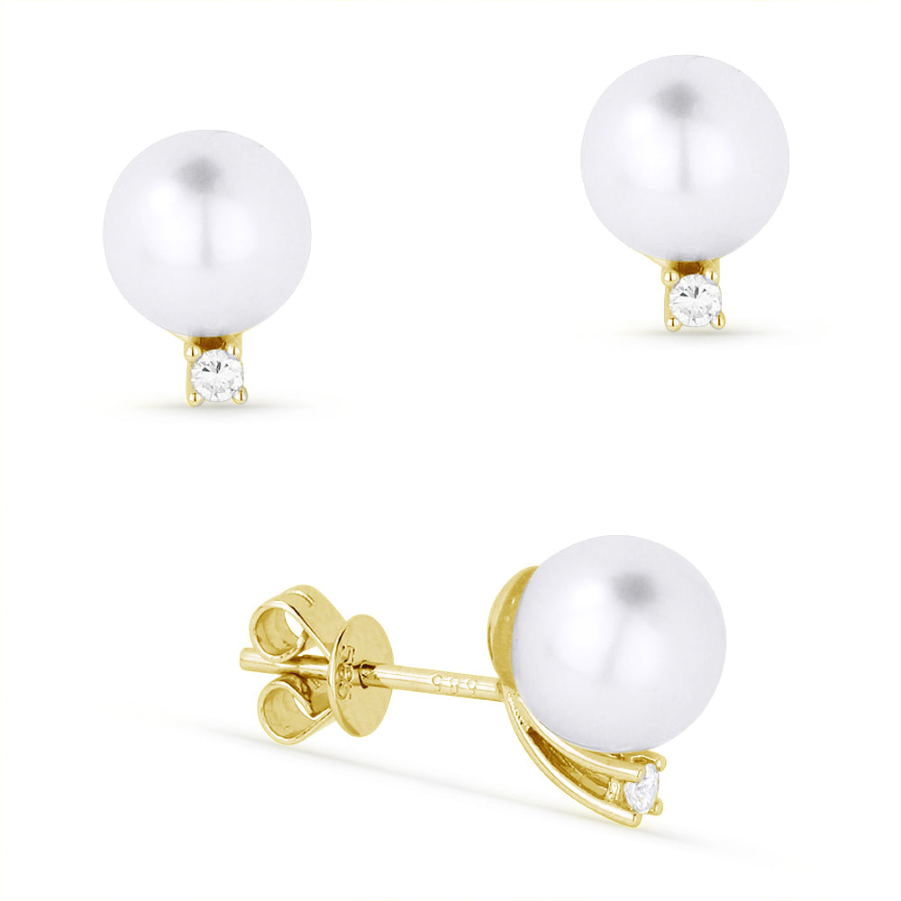 Beautiful Hand Crafted 14K Yellow Gold 8MM Pearl And Diamond Essentials Collection Stud Earrings With A Push Back Closure