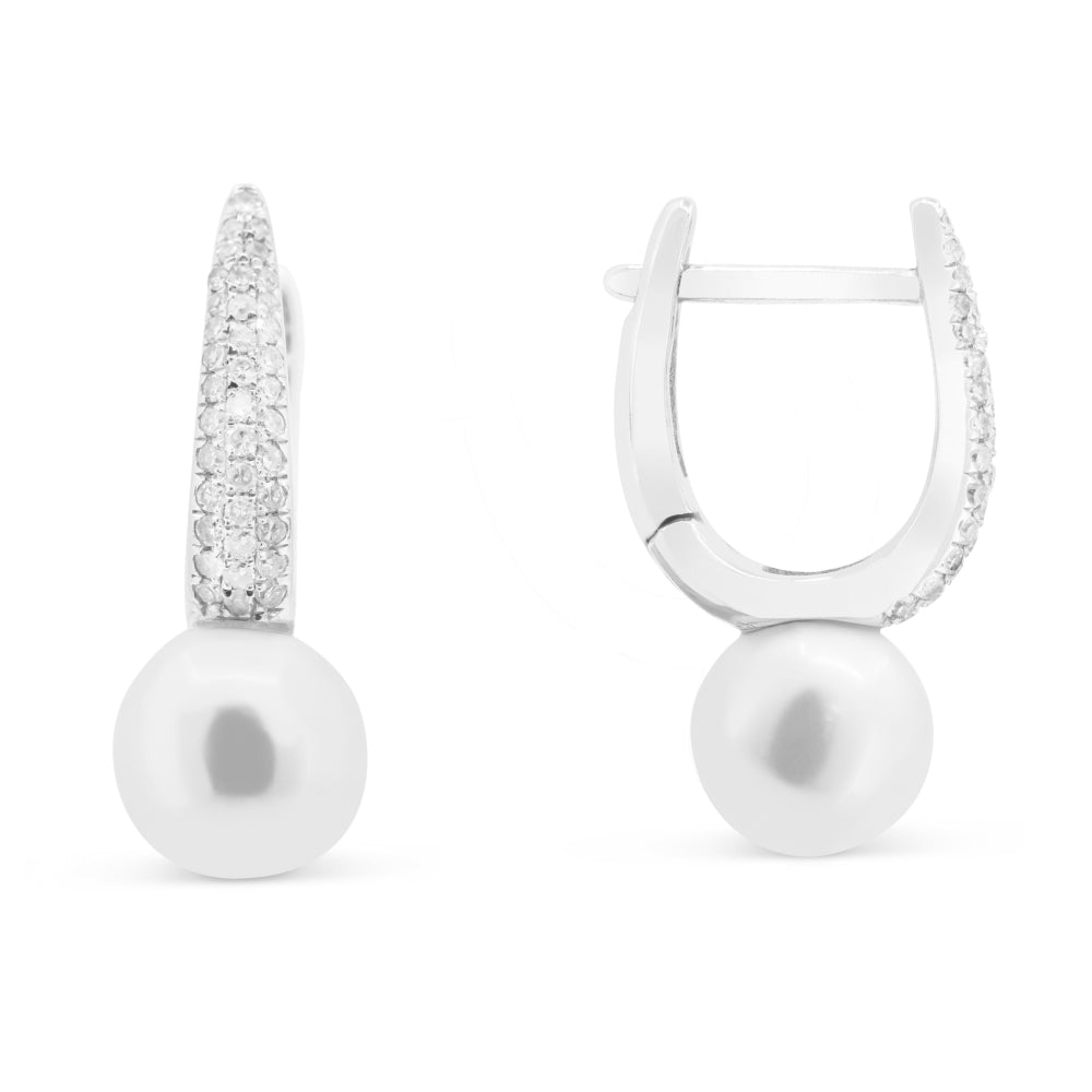 Beautiful Hand Crafted 14K White Gold 7MM Pearl And Diamond Essentials Collection Drop Dangle Earrings With A Lever Back Closure
