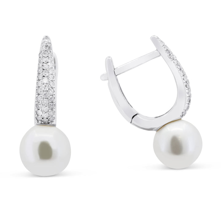 Beautiful Hand Crafted 14K White Gold 7MM Pearl And Diamond Essentials Collection Drop Dangle Earrings With A retail-facing