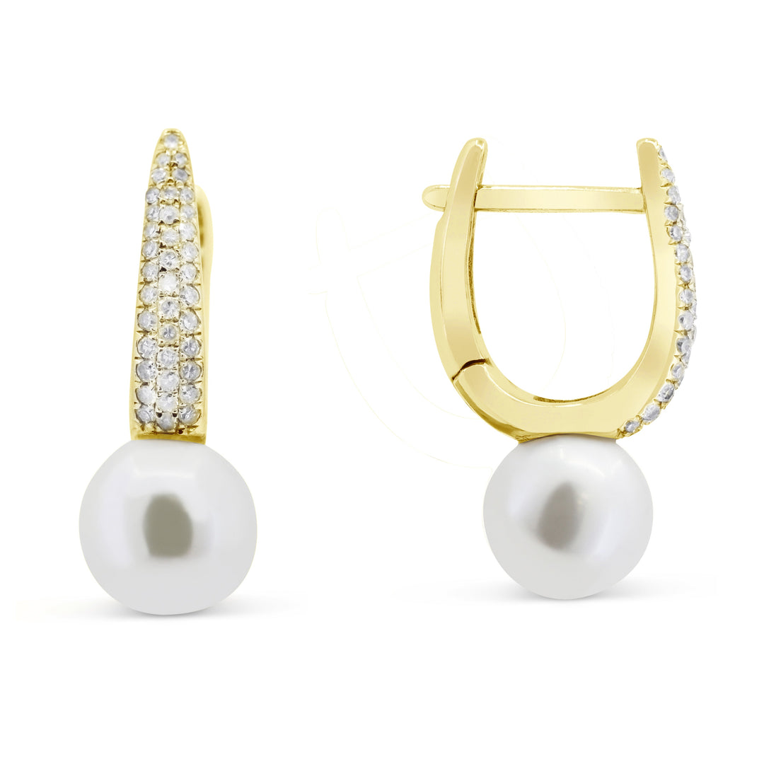 Beautiful Hand Crafted 14K Yellow Gold 7MM Pearl And Diamond Essentials Collection Drop Dangle Earrings With A Lever Back Closure