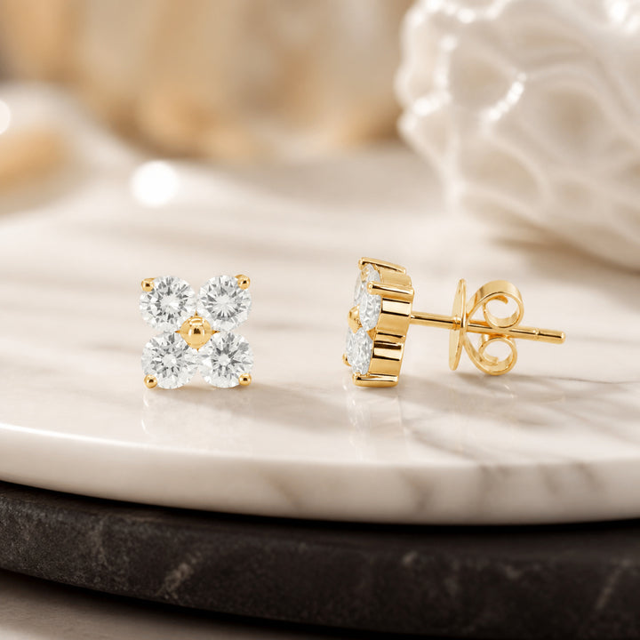 E1757 - 14K Gold Diamond Flower Stud Earrings