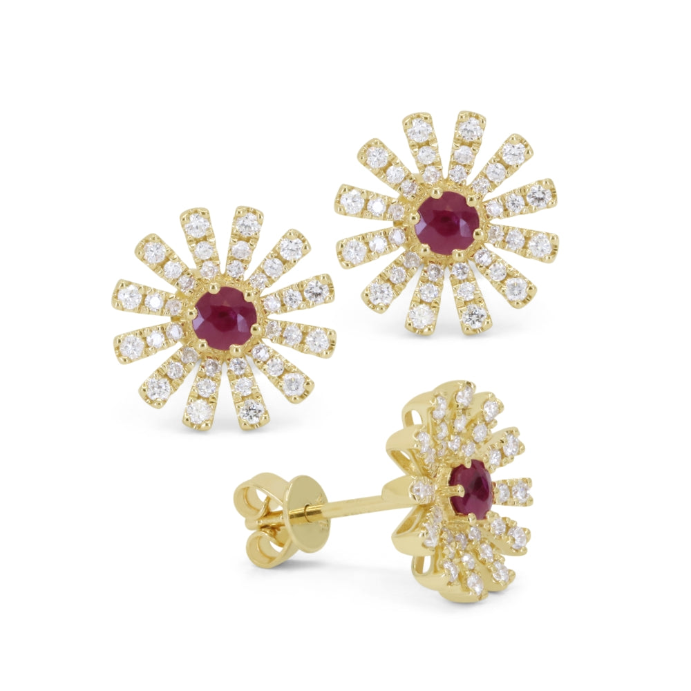 Beautiful Hand Crafted 14K Yellow Gold  Ruby And Diamond Arianna Collection Stud Earrings With A Push Back Closure