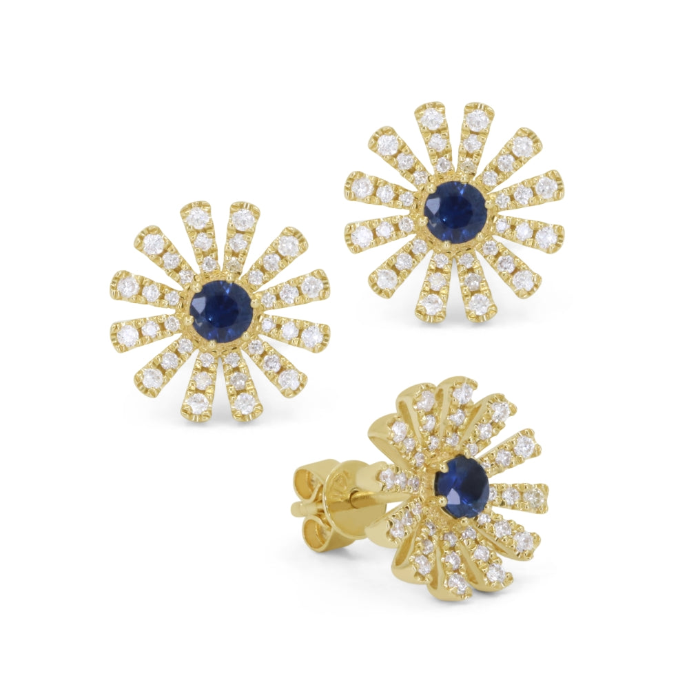 Beautiful Hand Crafted 14K Yellow Gold  Sapphire And Diamond Arianna Collection Stud Earrings With A Push Back Closure