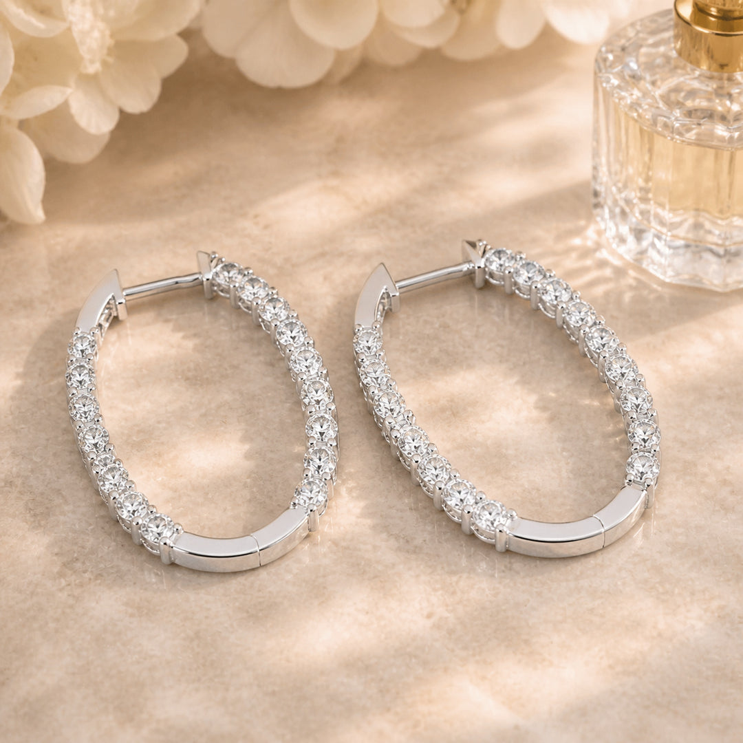 E1763 - 14K White Gold Diamond In & Out Hoop Earrings