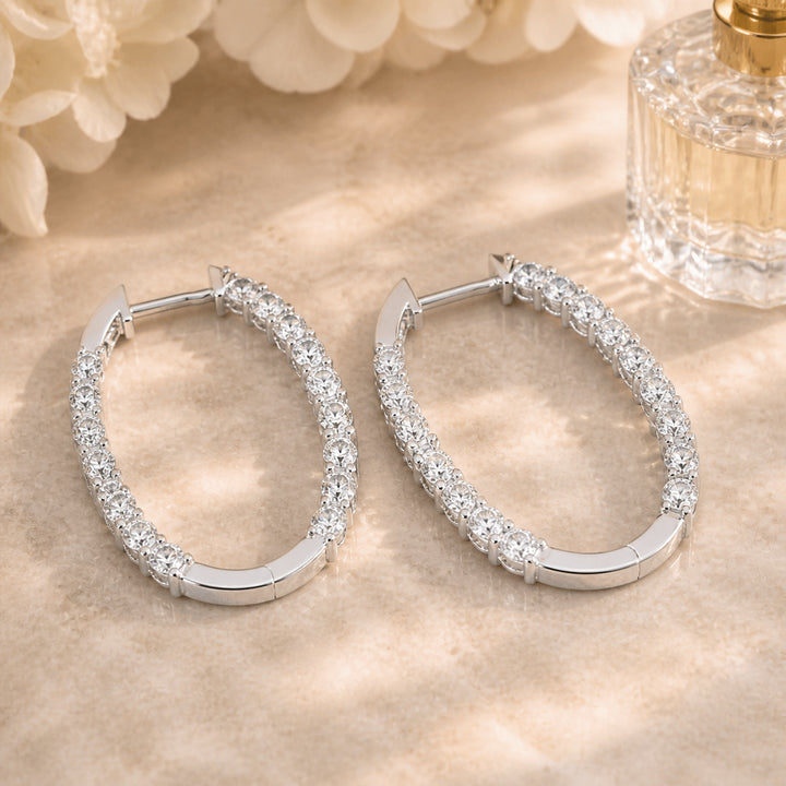 E1763 - 14K White Gold Diamond In & Out Hoop Earrings