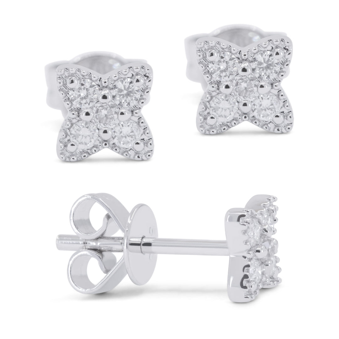 Beautiful Hand Crafted 14K White Gold White Diamond Milano Collection Stud Earrings With A Push Back Closure