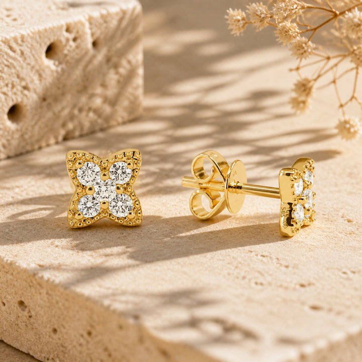 E1768 - 14K Gold Diamond Flower Stud Earrings