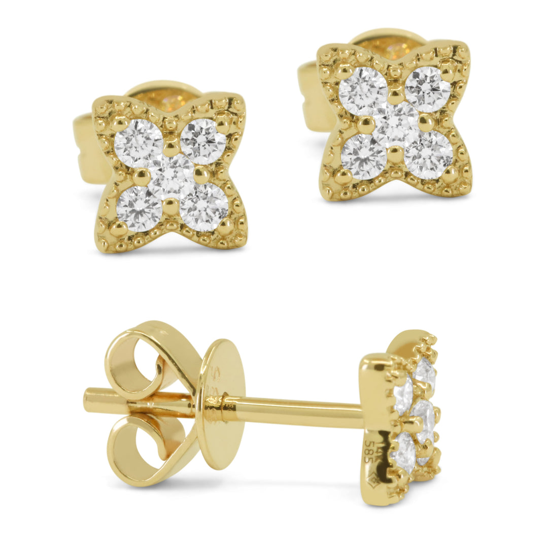 Beautiful Hand Crafted 14K Yellow Gold White Diamond Milano Collection Stud Earrings With A Push Back Closure