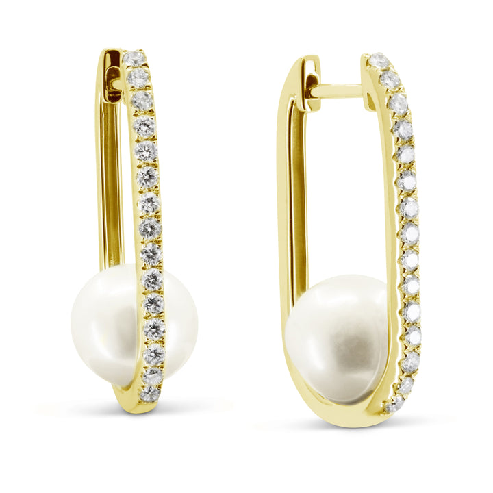 Beautiful Hand Crafted 14K Yellow Gold 9MM Pearl And Diamond Milano Collection Hoop Earrings With A Hoop Closure