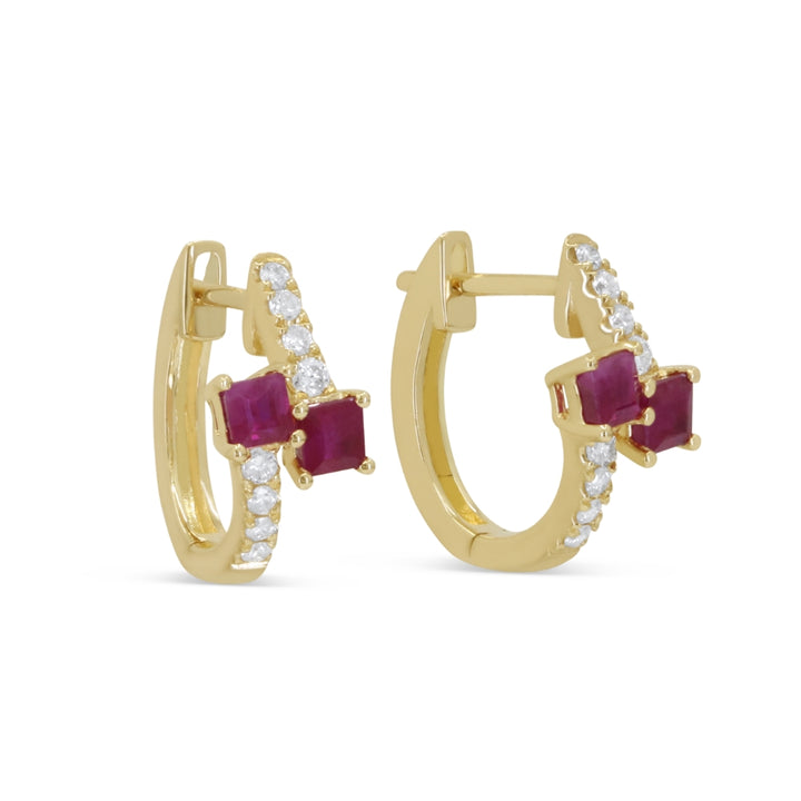 Beautiful Hand Crafted 14K Yellow Gold  Ruby And Diamond Arianna Collection Hoop Earrings With A Hoop Closure
