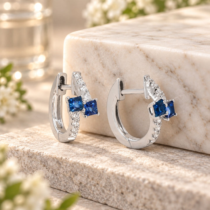 E1775 - 14K Gold Ruby & Sapphire Huggie Hoop Earrings