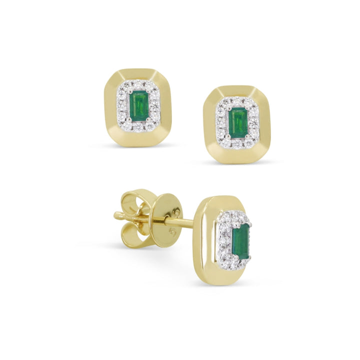 Beautiful Hand Crafted 14K Yellow Gold  Emerald And Diamond Arianna Collection Stud Earrings With A Push Back Closure