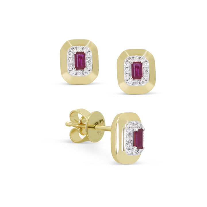 Beautiful Hand Crafted 14K Yellow Gold  Ruby And Diamond Arianna Collection Stud Earrings With A Push Back Closure
