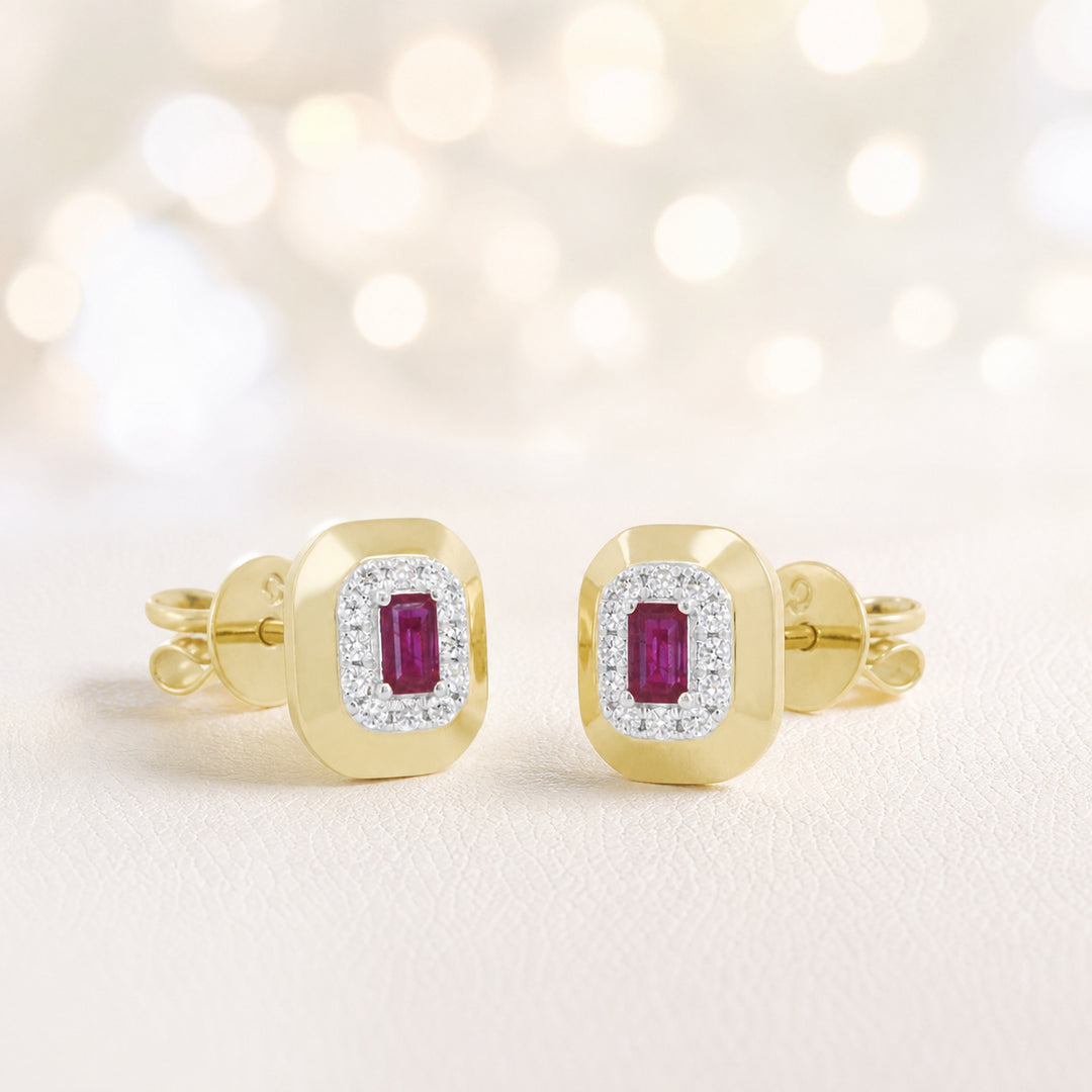 E1776 - 14K Yellow Gold Emerald, Ruby & Sapphire Rectangle Stud Earrings