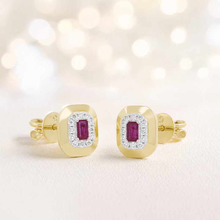 E1776 - 14K Yellow Gold Emerald, Ruby & Sapphire Rectangle Stud Earrings