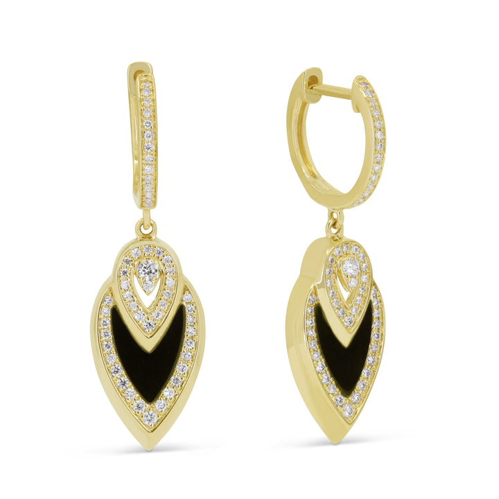 Beautiful Hand Crafted 14K Yellow Gold  Black Onyx And Diamond Milano Collection Drop Dangle Earrings With A Lever Back Closure