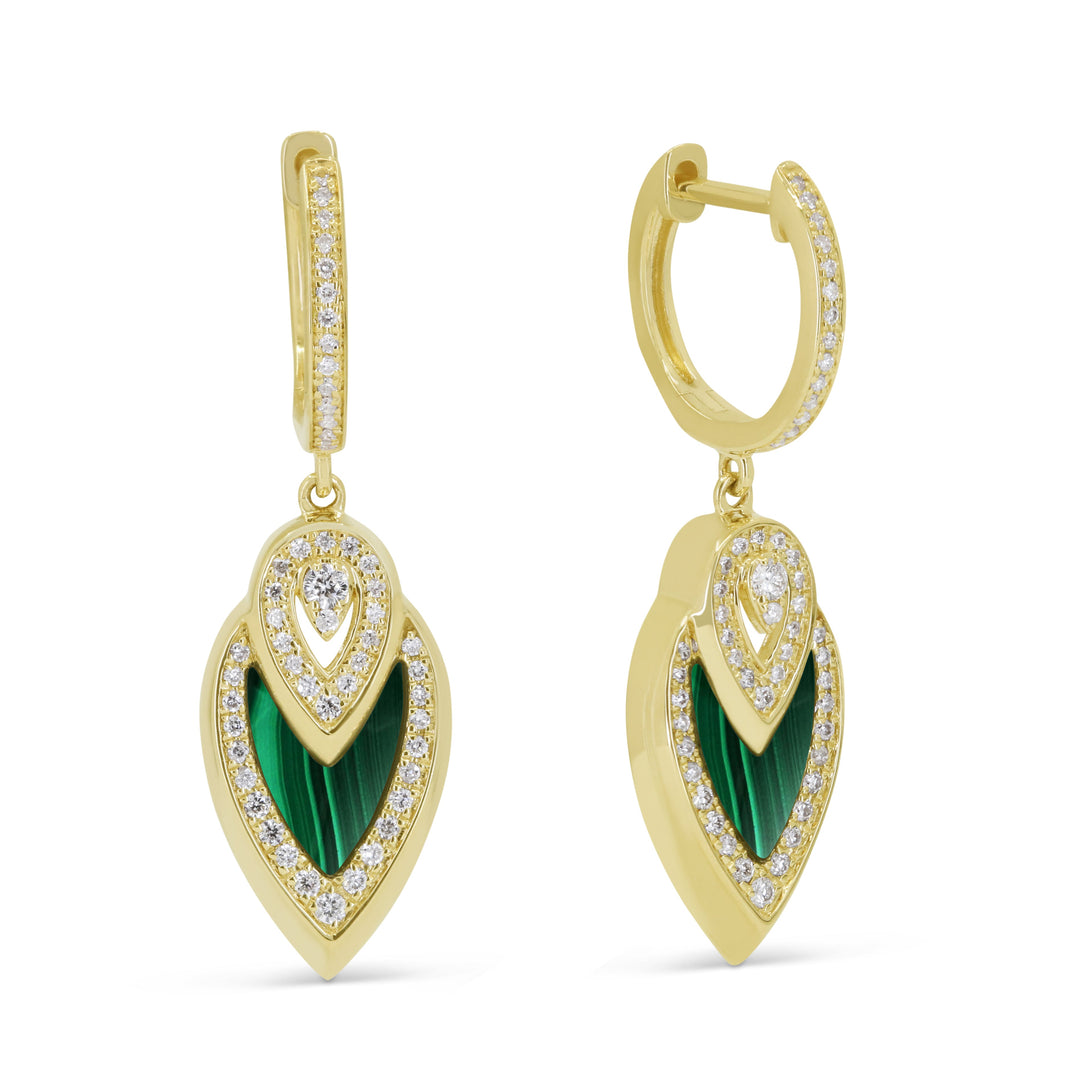 Beautiful Hand Crafted 14K Yellow Gold  Malachite And Diamond Milano Collection Drop Dangle Earrings With A Lever Back Closure