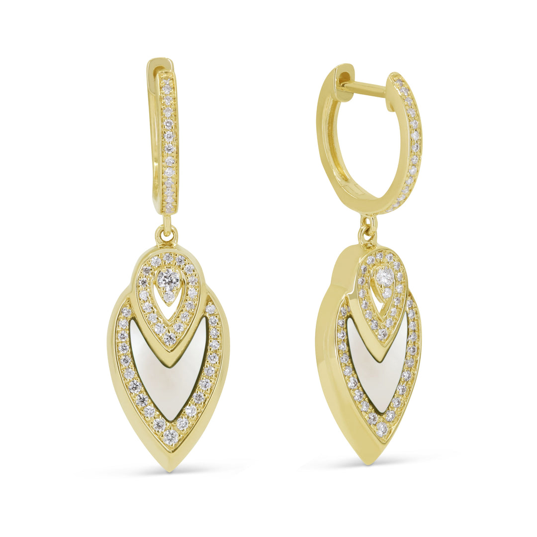 Beautiful Hand Crafted 14K Yellow Gold  Mother Of Pearl And Diamond Milano Collection Drop Dangle Earrings With A Lever Back Closure