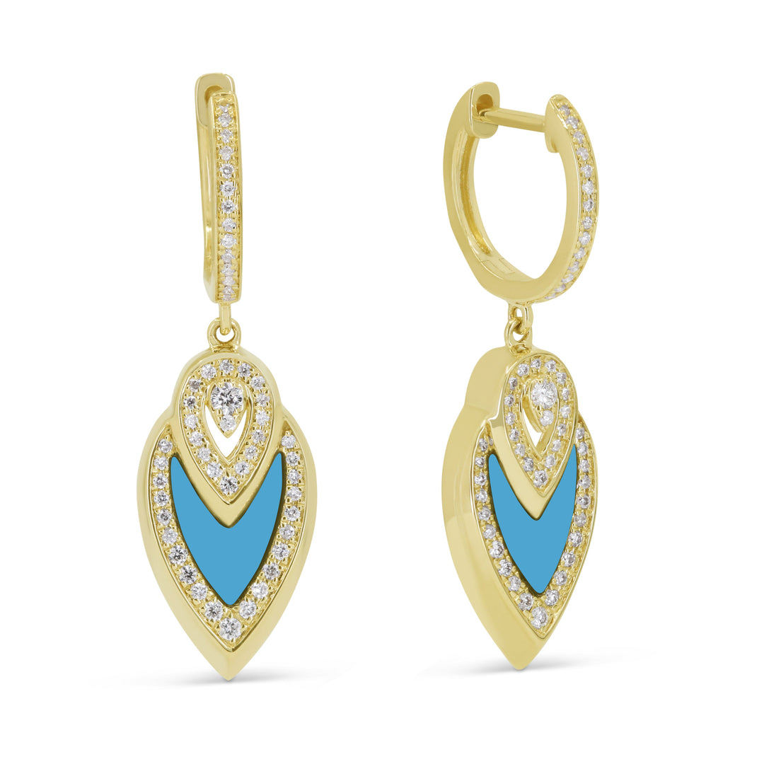 Beautiful Hand Crafted 14K Yellow Gold  Turquoise And Diamond Milano Collection Drop Dangle Earrings With A Lever Back Closure