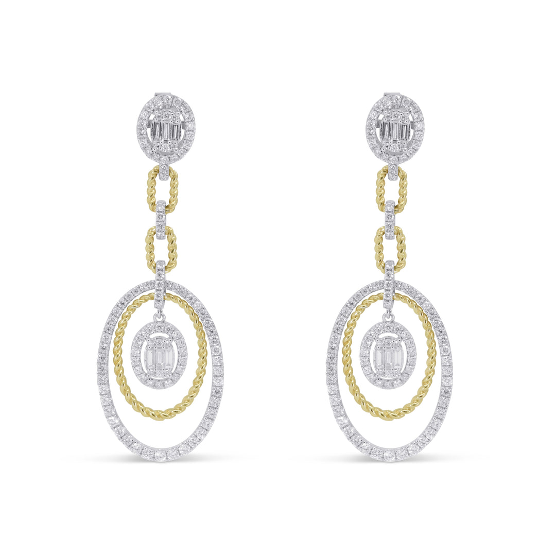 Beautiful Hand Crafted 14K Two Tone Gold White Diamond Milano Collection Drop Dangle Earrings With A Push Back Closure
